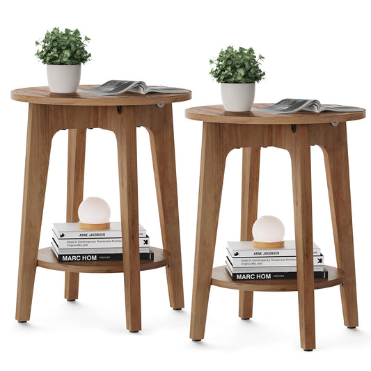 VASAGLE Side Tables, Set of 2, Small Round End Table with Lower Shelf, Nightstand for Small Spaces, Living Room, Bedroom, Rustic Walnut ULET289K01