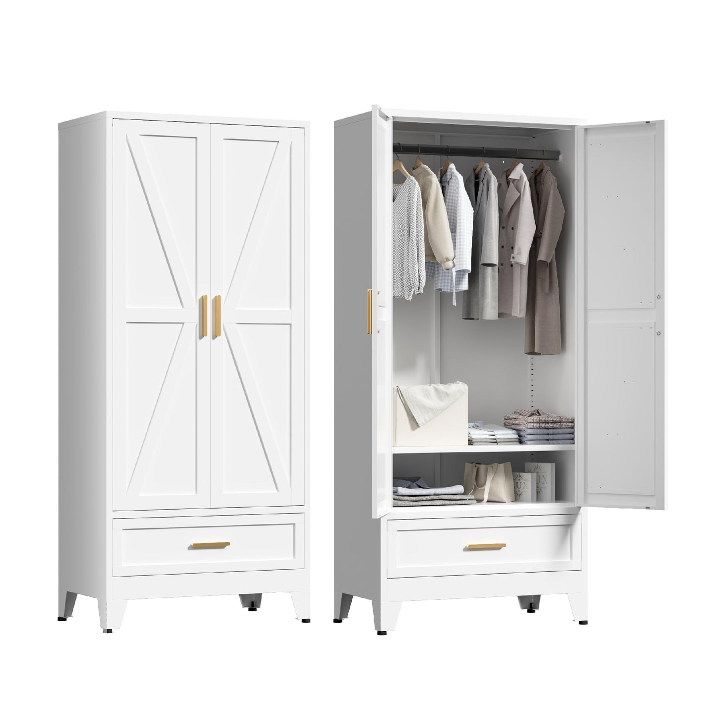 Washsemba 71'' Farmhouse Metal Wardrobe Cabinet with Hanging Rod, 2 Barn Door Wardrobe Closet with Adjustable Shelves,Drawer,for Dining Room,Bedroom,Living Room, Cloak Room,Office (White)