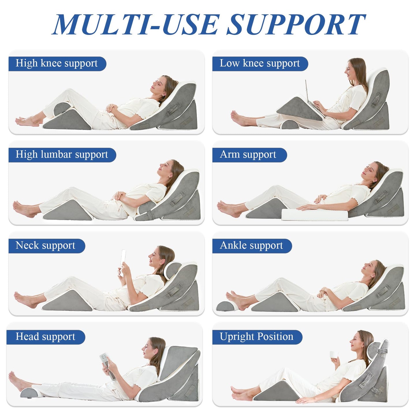 4PCS Orthopedic Bed Wedge Pillow Set, Post Surgery 45D Memory Foam for Back, Neck, and Leg Pain Relief Pleasing & Adjustable Support Pillows-Ease Acid Reflux & GRED with Better Sleep,White Light Grey