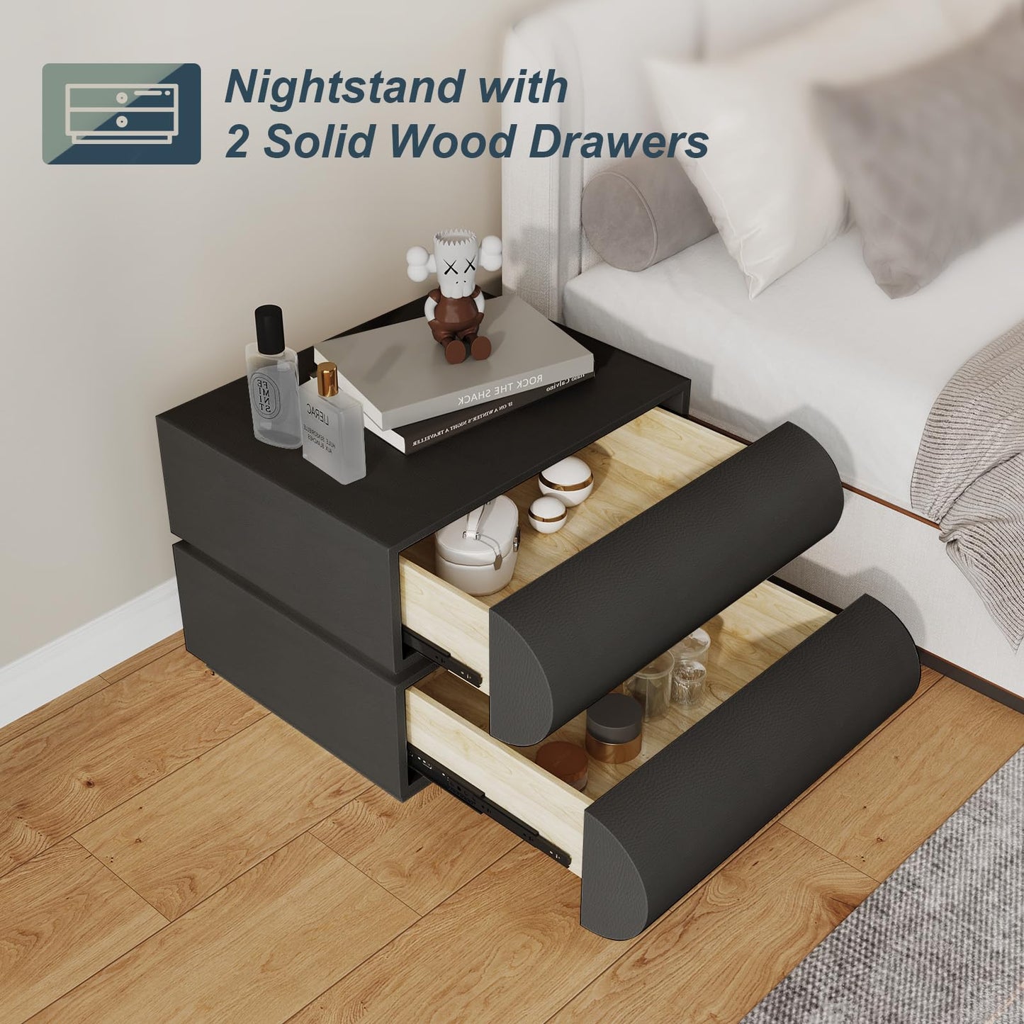 IKuinen Nightstand, Minimalist Bedside Table with 2 Solid Wood Drawer, Night Stands with Microfiber Leather, End Table for Bedroom-Black