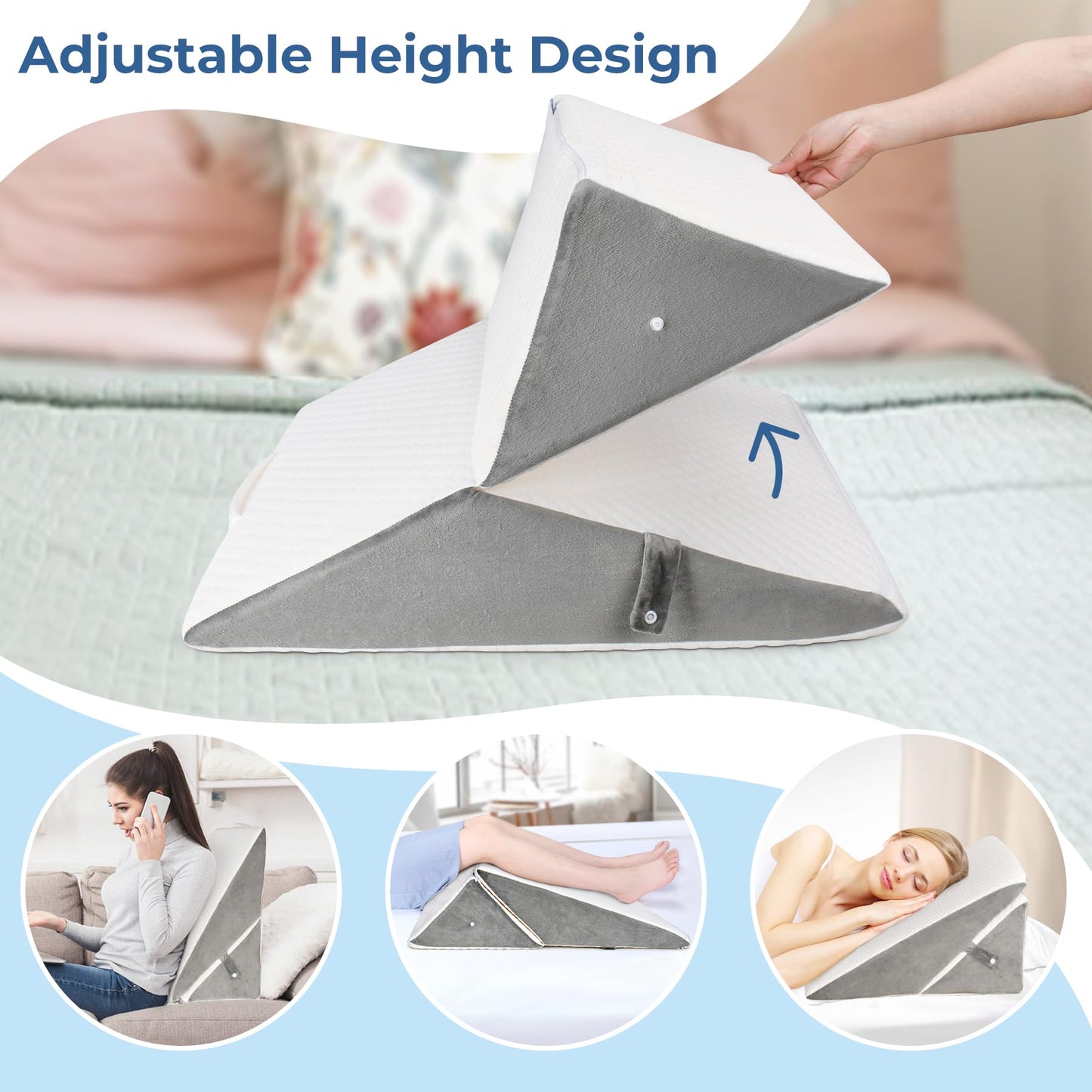 COOLBEBE Bed Wedge Pillow for Sleeping, Adjustable Folding Wedge Pillow for Snoring and After Surgery - 9 & 11 Inch, Elevated Triangle Wedge for Back Pain Relief, Acid Reflux, Leg Support