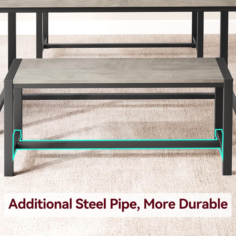 GarveeHome Dining Table Set for 4, Kitchen Table with 2 Metal Wood Benches, Rectangular Room Dining Table Set, 3 Piece Farmhouse Kitchen Table Set for Small Space, Apartment, Studio, Rustic Gray