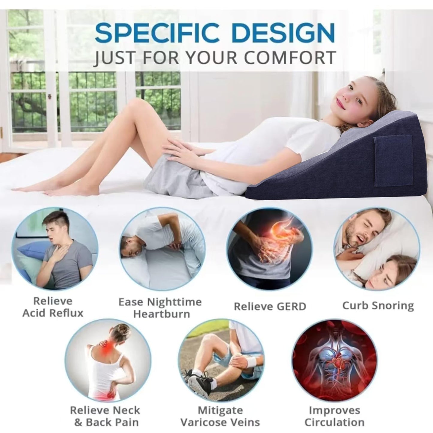 wuFQecht Bed Reading Pillow - Sofa Bed Wedge Pillow - Post-Op Recovery Backrest Pillow - Working Lumbar Support Reading Pillow with Removable Pillowcase Dark Blue 27x20x12in