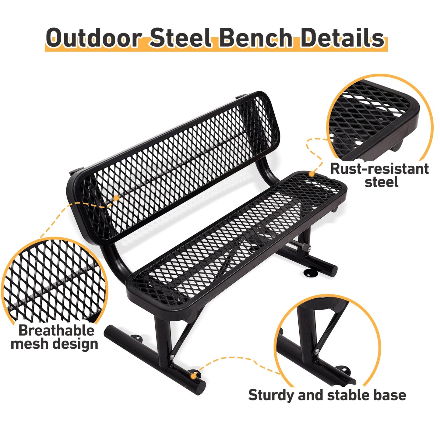 4FT Heavy Duty Park Bench with Back Portable Frame, Outdoor Metal Park Bench with Backrest, Steel Mesh Outdoor Bench for Garden, Lawn, Patio, Porch, Park, Yard (Black, 48" D x 23.2" W x 32.5" H)