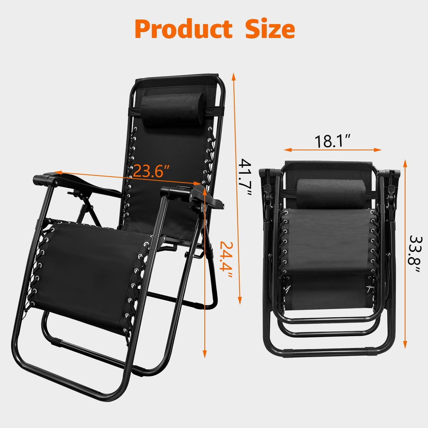 XYJBHB Zero Gravity Recliners Outdoor Adjustable Folding Reclining Lounge Chairs w/Pillows, Adjustable, Steel Frame, Black - Ideal for Patio Backyard Beach Black (2 Pack)