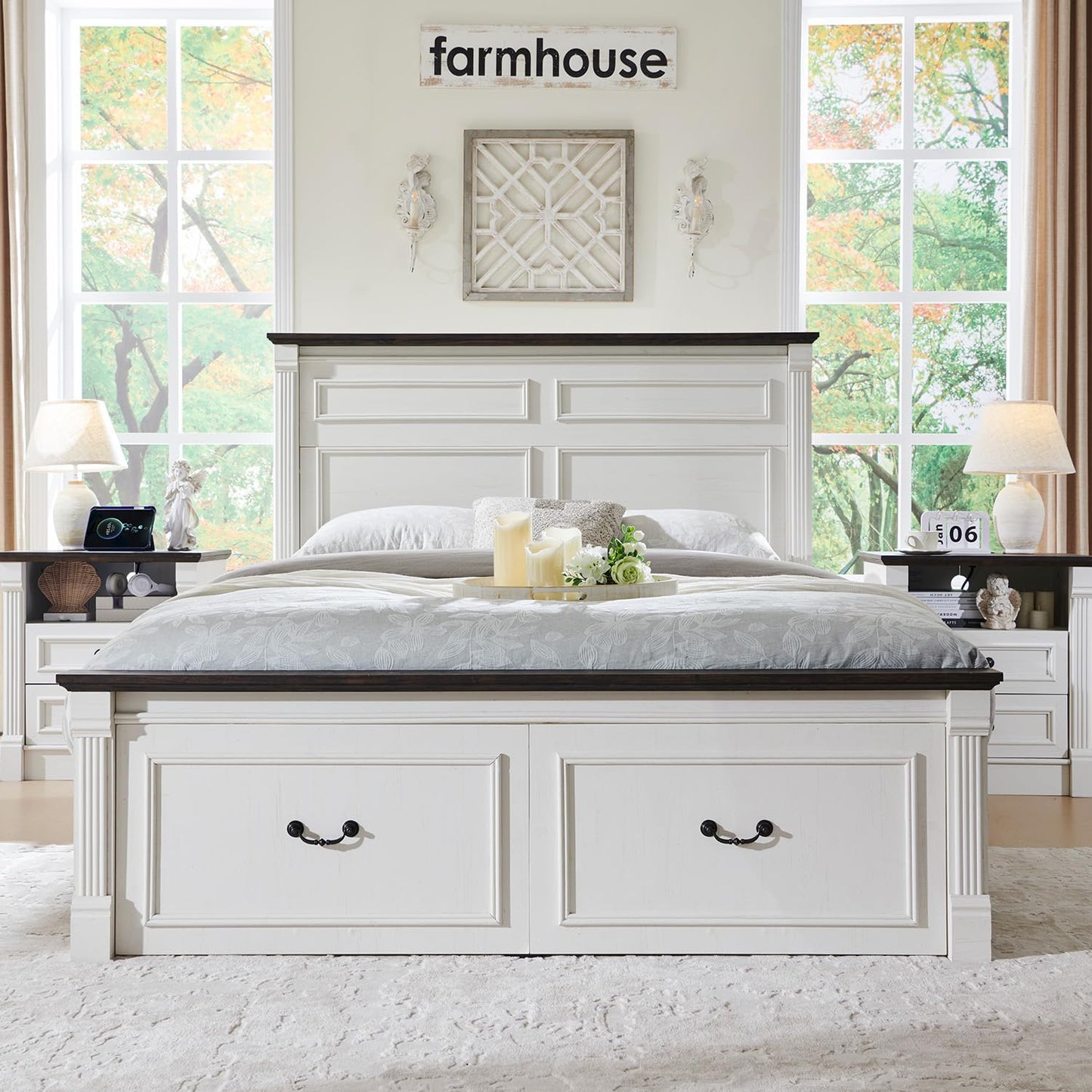 26" Tall Farmhouse Nightstand Set of 2, 2 Drawers End Table w/Charging Station, 23.6" Wide Large Side Table w/Roman Column, Wood Rustic Sofa Table w/Open Shlef, Bedside Table for Bedroom, White