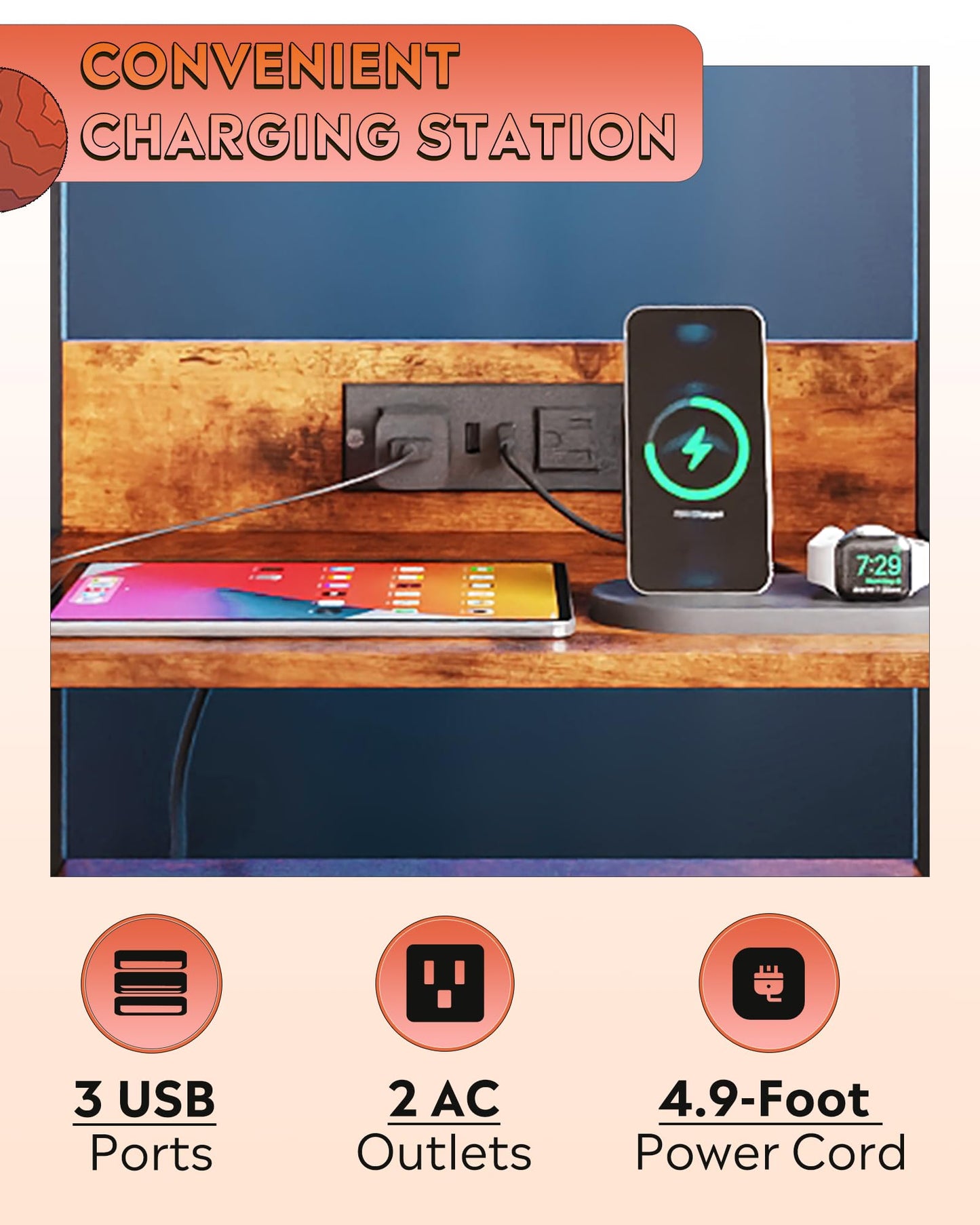 WLIVE Nightstand Set of 2 with Charging Station, LED Night Stand Sets with 2 Drawers and 4 Storage Open Shelves, Fabric Dressers for Bedroom, Rustic Brown