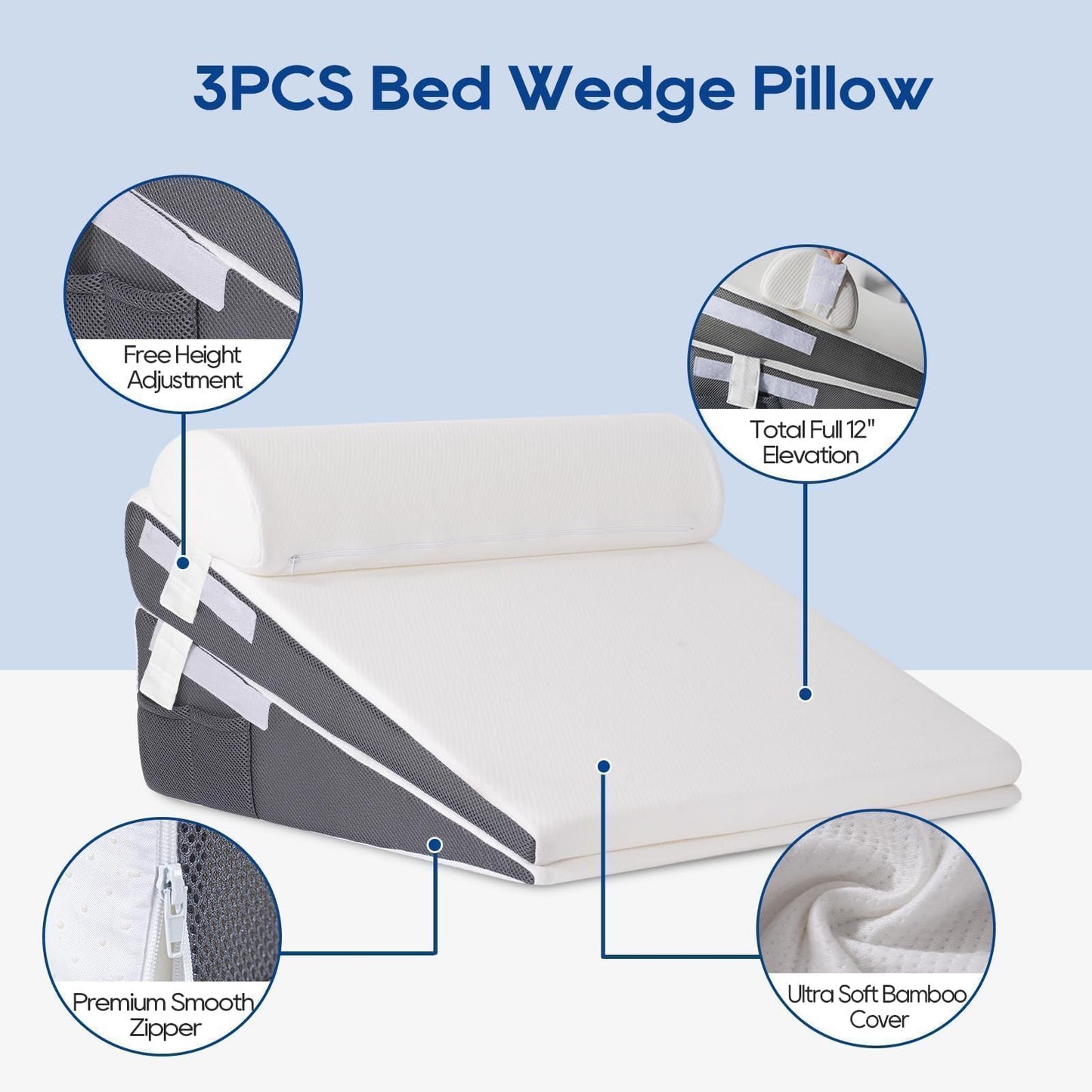 GOHOME Cooling Wedge Pillow Set for After Surgery, 3-Piece Adjustable Memory Foam Bed Wedge Pillow for Sleeping - Acid Reflux, Snoring, Neck Pain and Back Pain, White and Grey