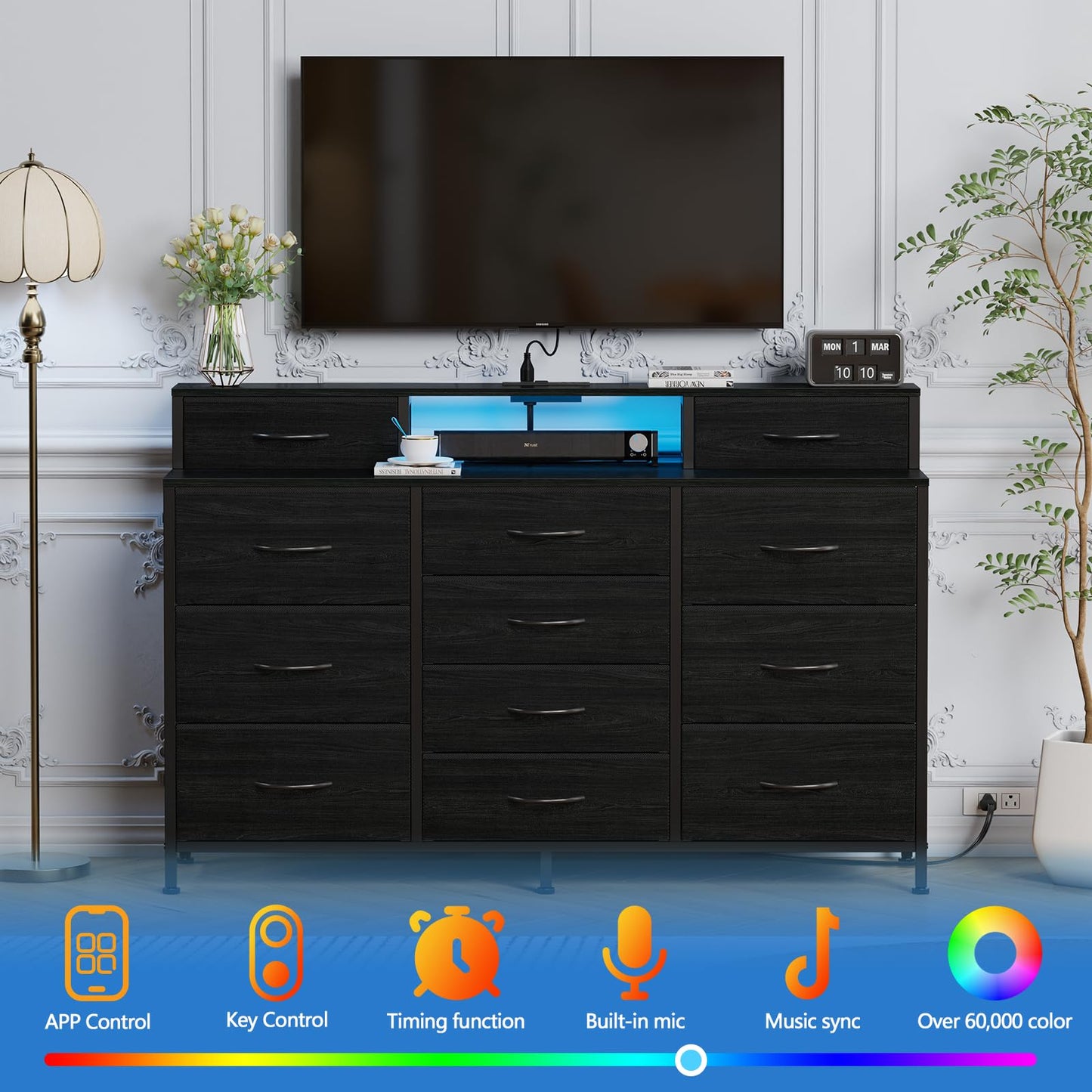 Furnulem 55" W Dresser for Bedroom with LED Lights and Power Outlets,Black Large 12 Storage Drawers Long Fabric Chests Dressers with 2 Shelves for Closet,Living Room,Entryway,Wooden Top,Metal Frame