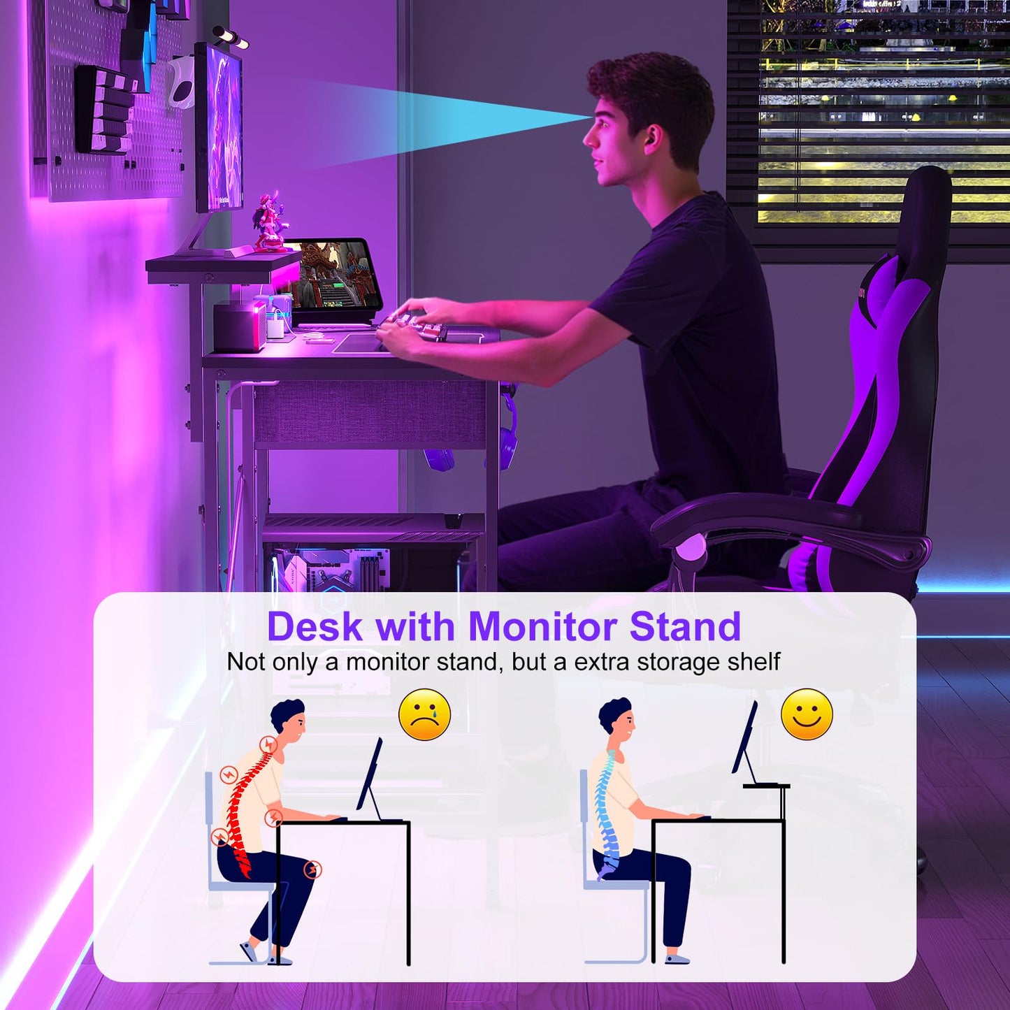 X-cosrack 33.5" Small Gaming Desk with LED Lights & Power Outlets, Compact Computer Desk with Monitor Stand & CPU Stand, Gamer Table with Storage Drawer, Side Hooks for Home Office, Bedroom, Black