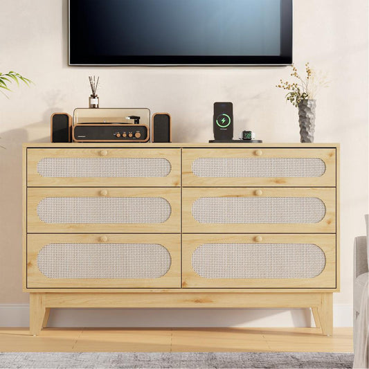 IDEALHOUSE 52.1" Rattan Bedroom Dresser, 6 Drawer Wood Dresser - Frame Feet, Charging Station, Large, Medium and Small Drawers, Natural