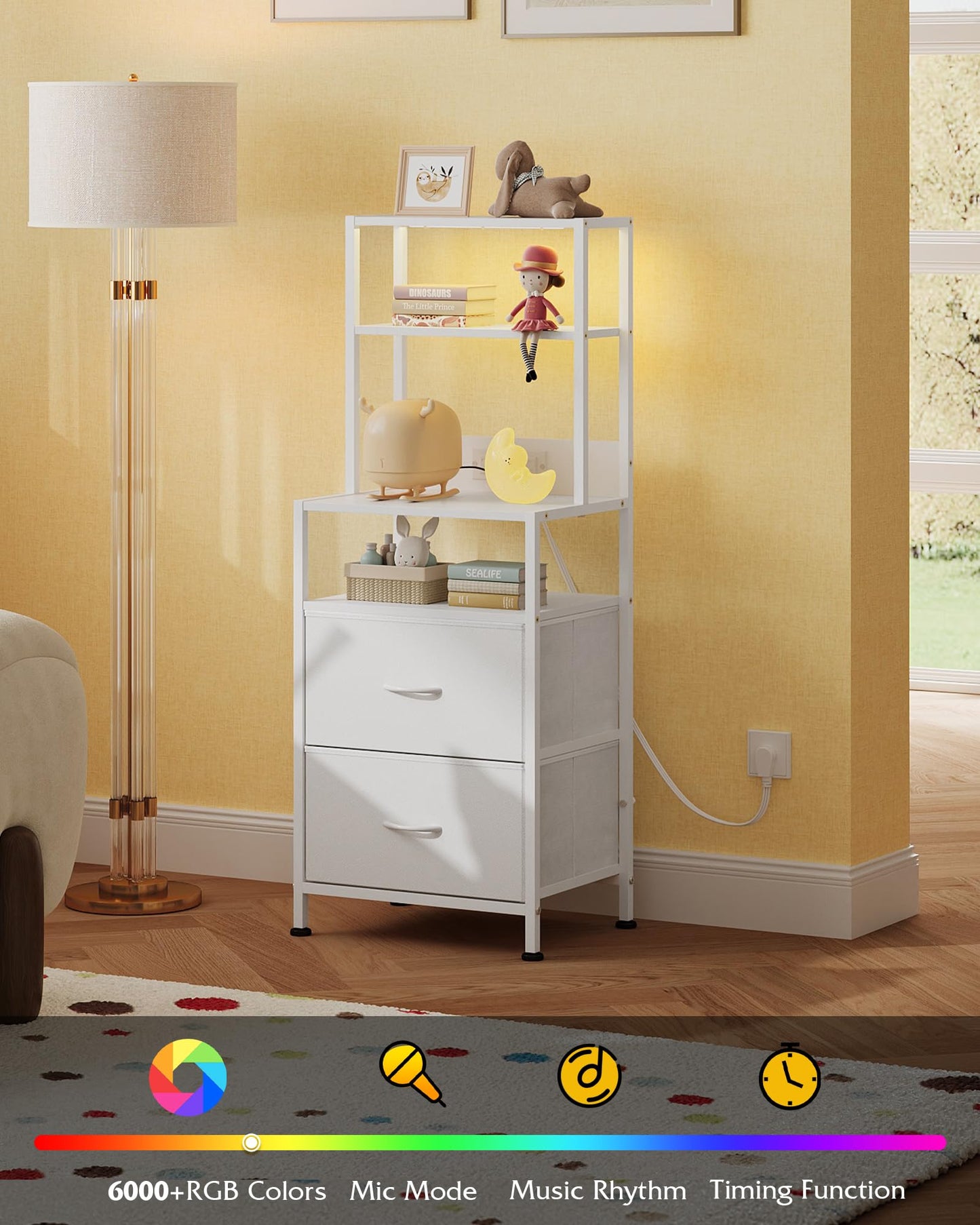 WLIVE Nightstand Set of 2 with Charging Station, LED Night Stands with 2 Fabric Drawers and 4 Storage Open Shelves, Bedside Table Sets for Bedroom, White