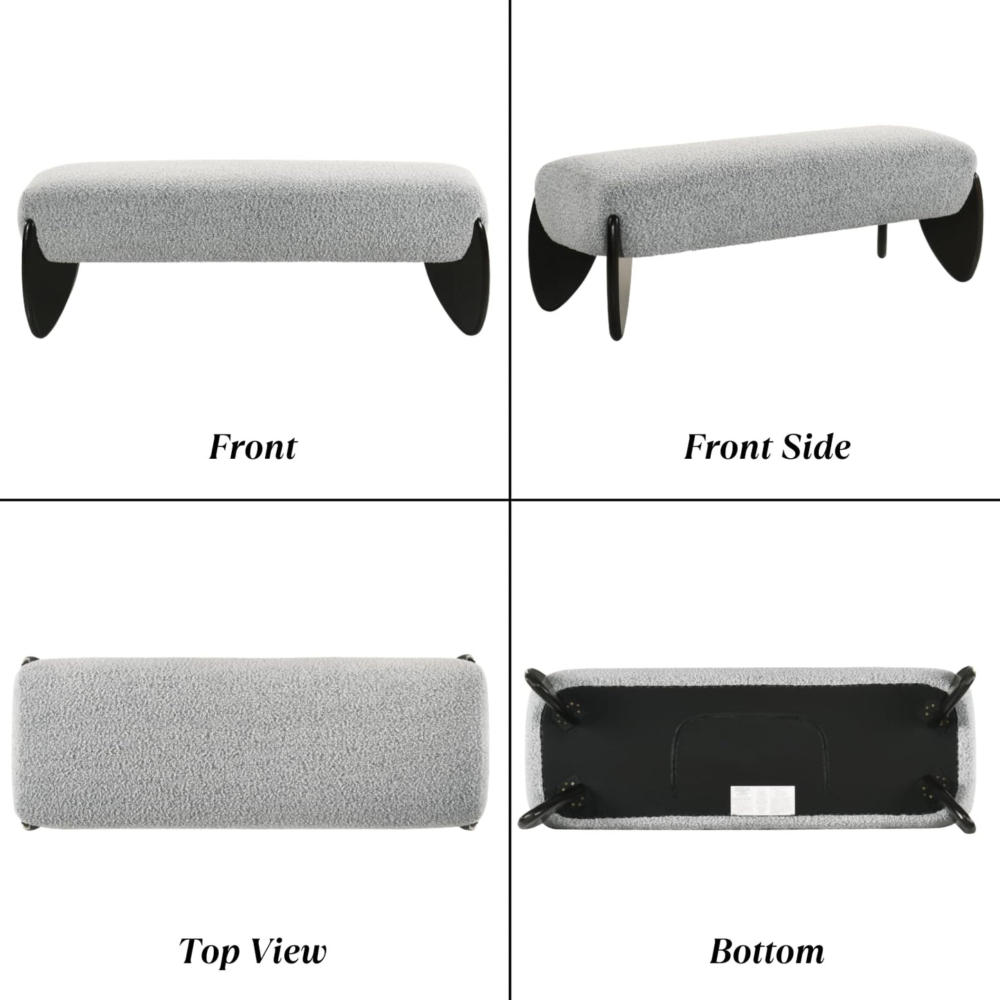 Ya-Home Modern Living Room Bench, Boucle Upholstered Bedroom Bench End of Bed, 50” Entryway Bench with Black Wooden Legs, Window Ottoman Bench for Bedroom/Hallway,Grey