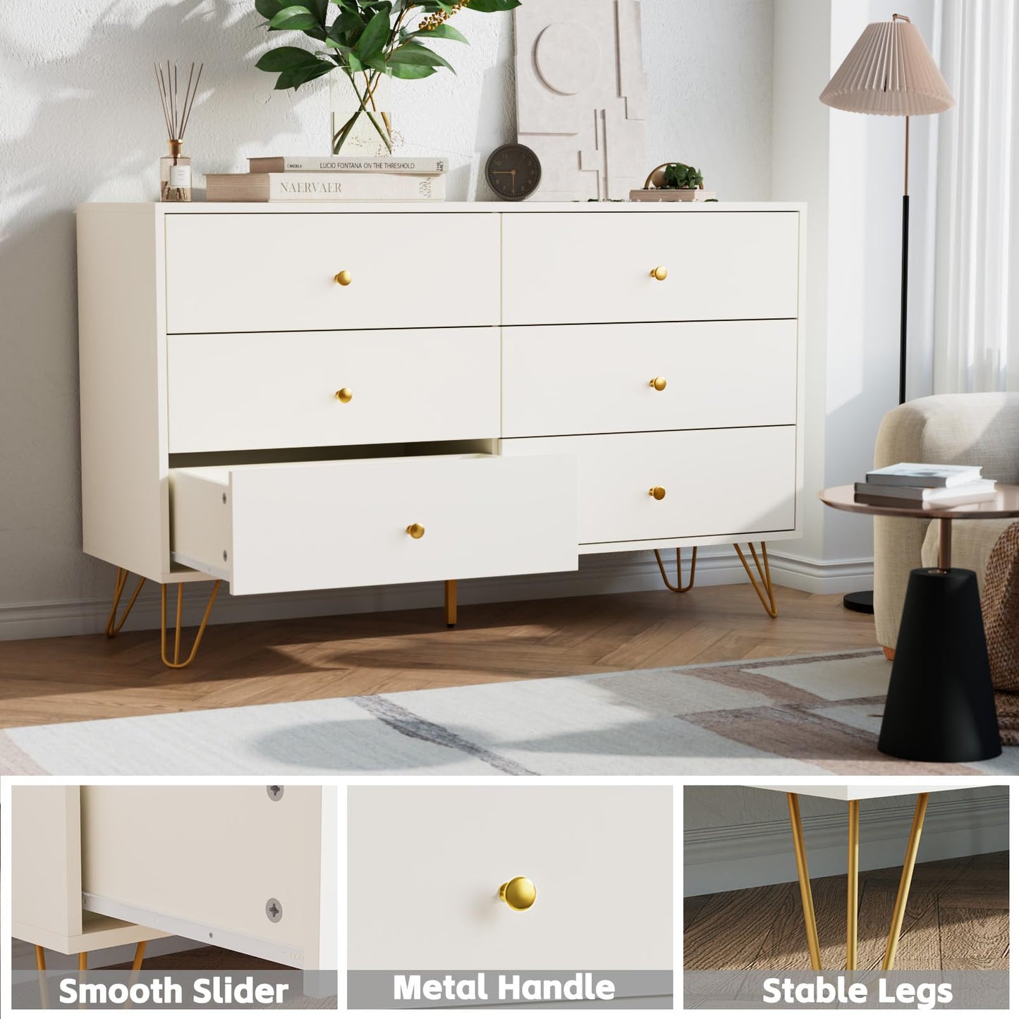Tradare White Dresser for Bedroom, 6 Drawer Dresser with Golden Handles, Large Storage Cabinet, Modern Chest of Drawers Organizer Storage for Hallyway, Entryway