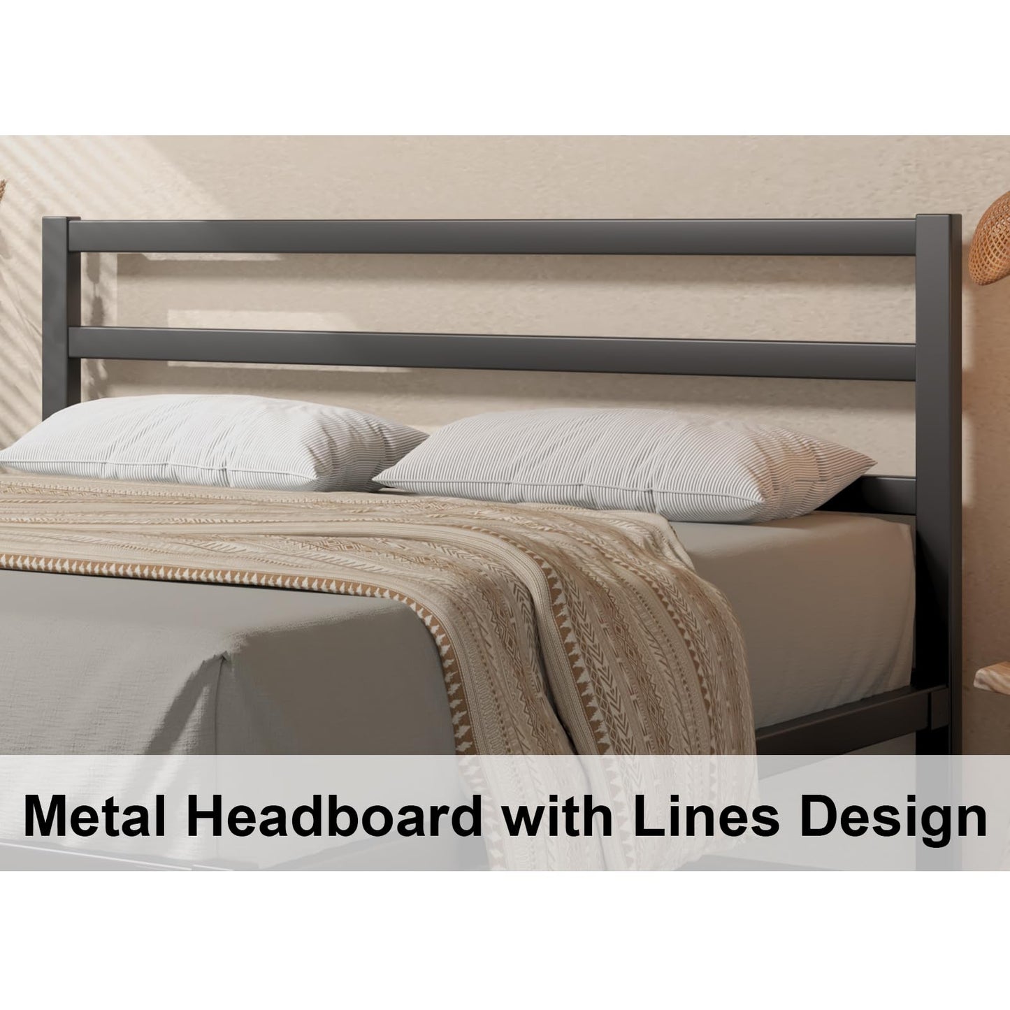 E-Motie King Size Bed Frame, Metal Platform Bed Frame with Headboard, Mattress Foundation with Spacious Underbed Storage, No Box Spring Needed, Easy Assembly, Modern, Black