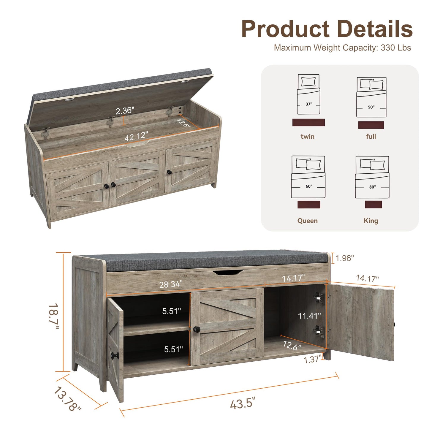 Xdwwhome Shoes Bench with Cushion, Storage Bench, Entryway Bench with Lift Top Storage, 43.3" Wooden End of Bed Bench, Shoe Bench Cabinet for Living Room Bedroom Hallway Garden, 330 lbs, Light Grey