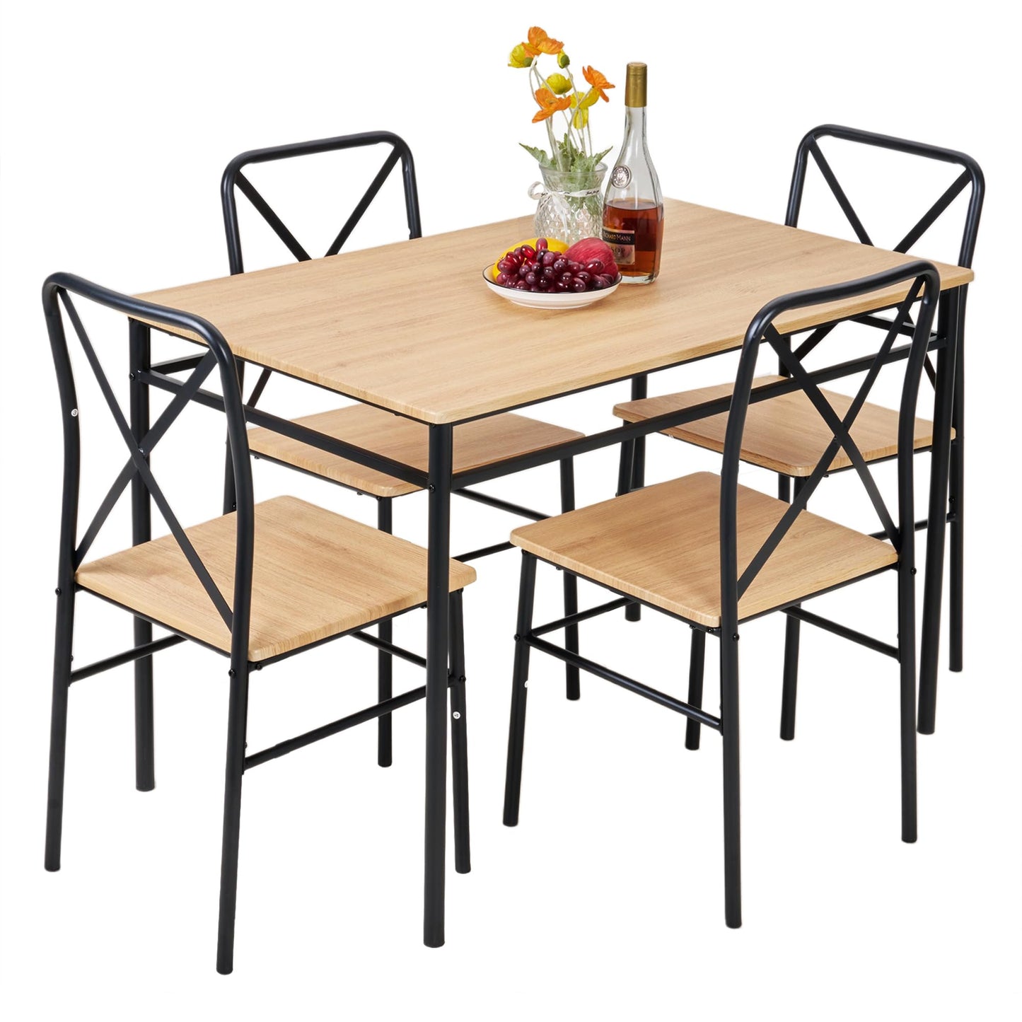 VECELO 5-Piece Kitchen Dining Table Set, Wood Tabletop & Heavy-Duty Metel Frame, Rectangle Dinette with 4 Chairs for Small Space, Breakfast Nook, Natural & Black