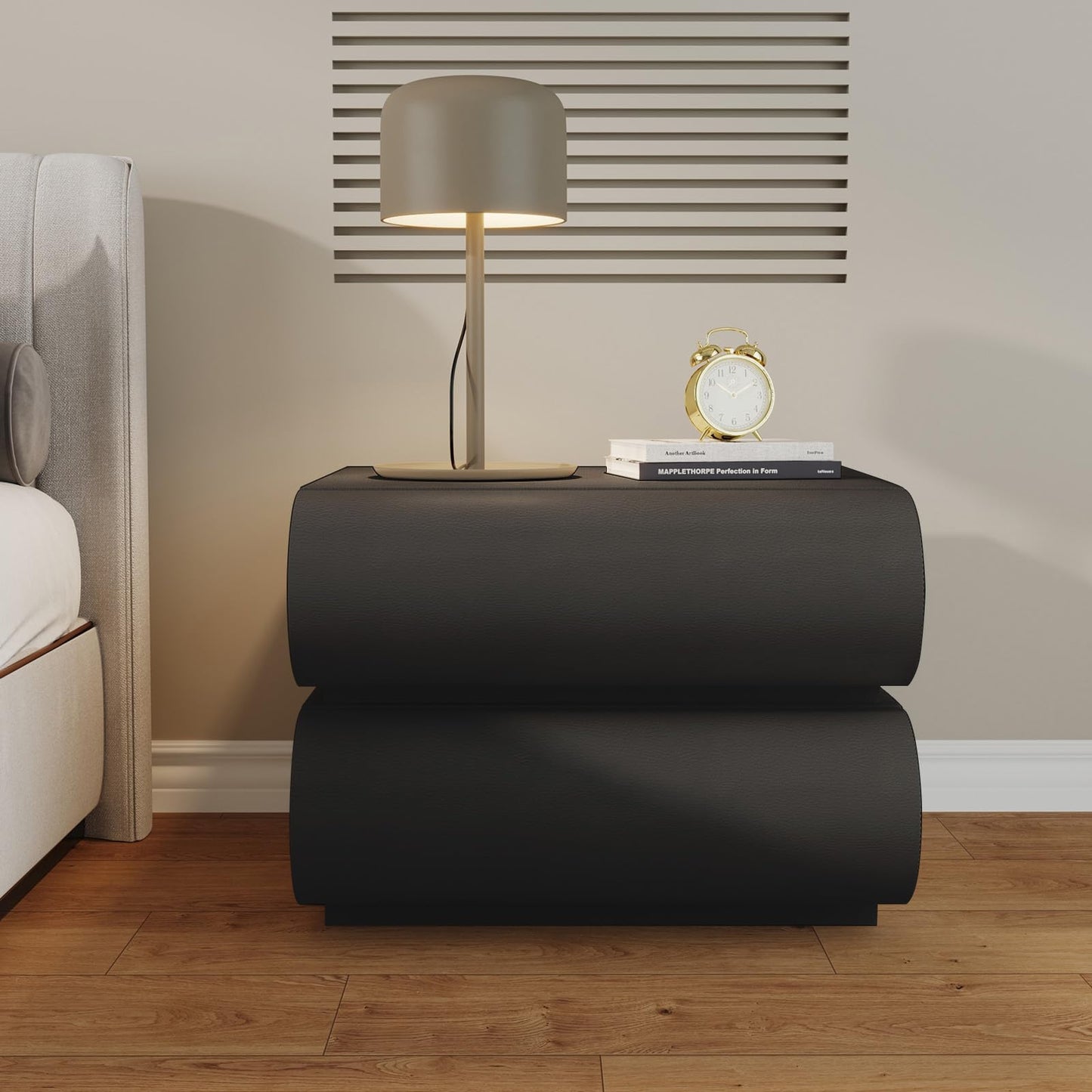 IKuinen Nightstand, Minimalist Bedside Table with 2 Solid Wood Drawer, Night Stands with Microfiber Leather, End Table for Bedroom-Black