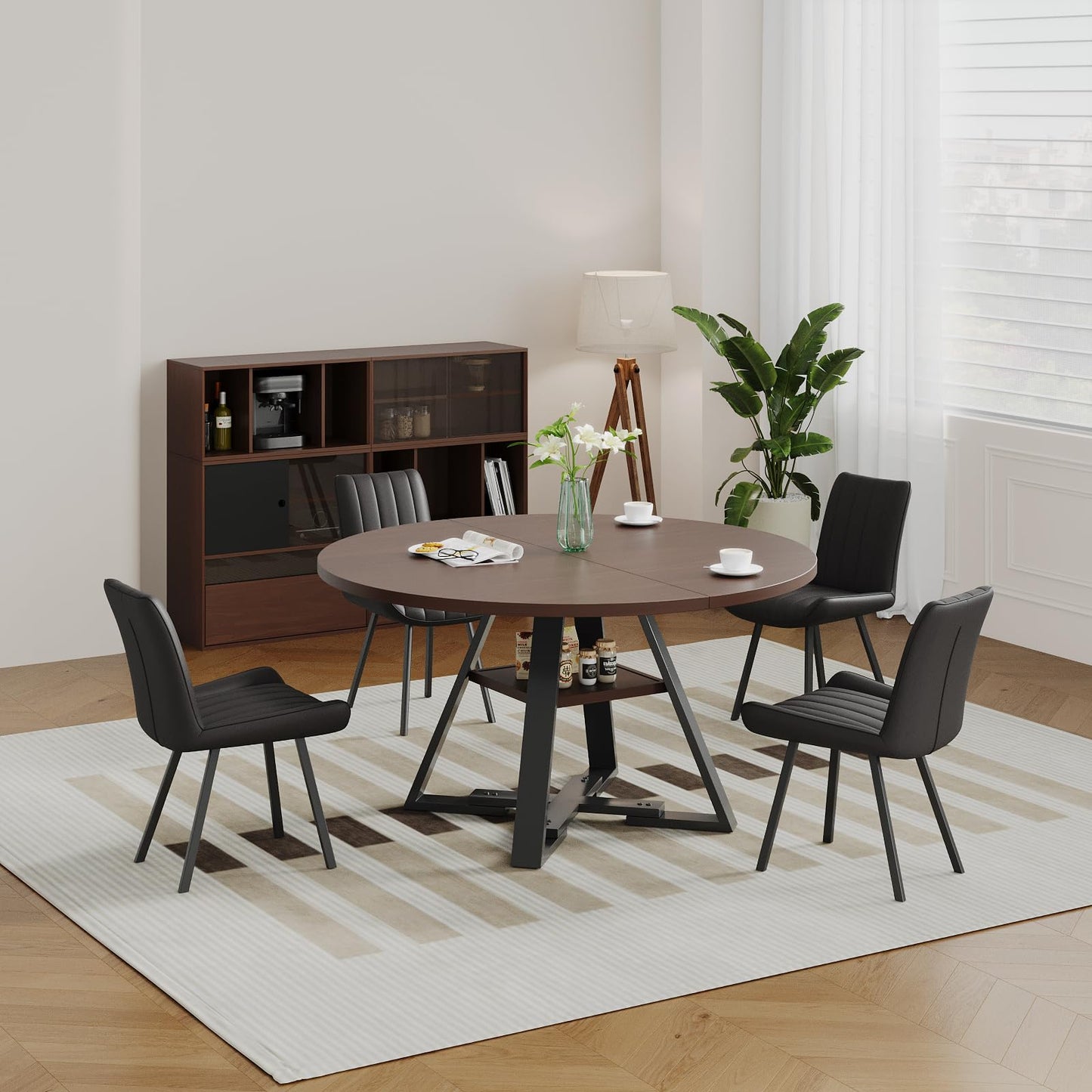 45.3" Walnut Round Dining Table Set with 4 Chairs – Mid-Century Modern Small-Space Kitchen & Dining Room Furniture for Apartment or Breakfast Nook (Walnut – Storage Table + 4 Black Chairs)