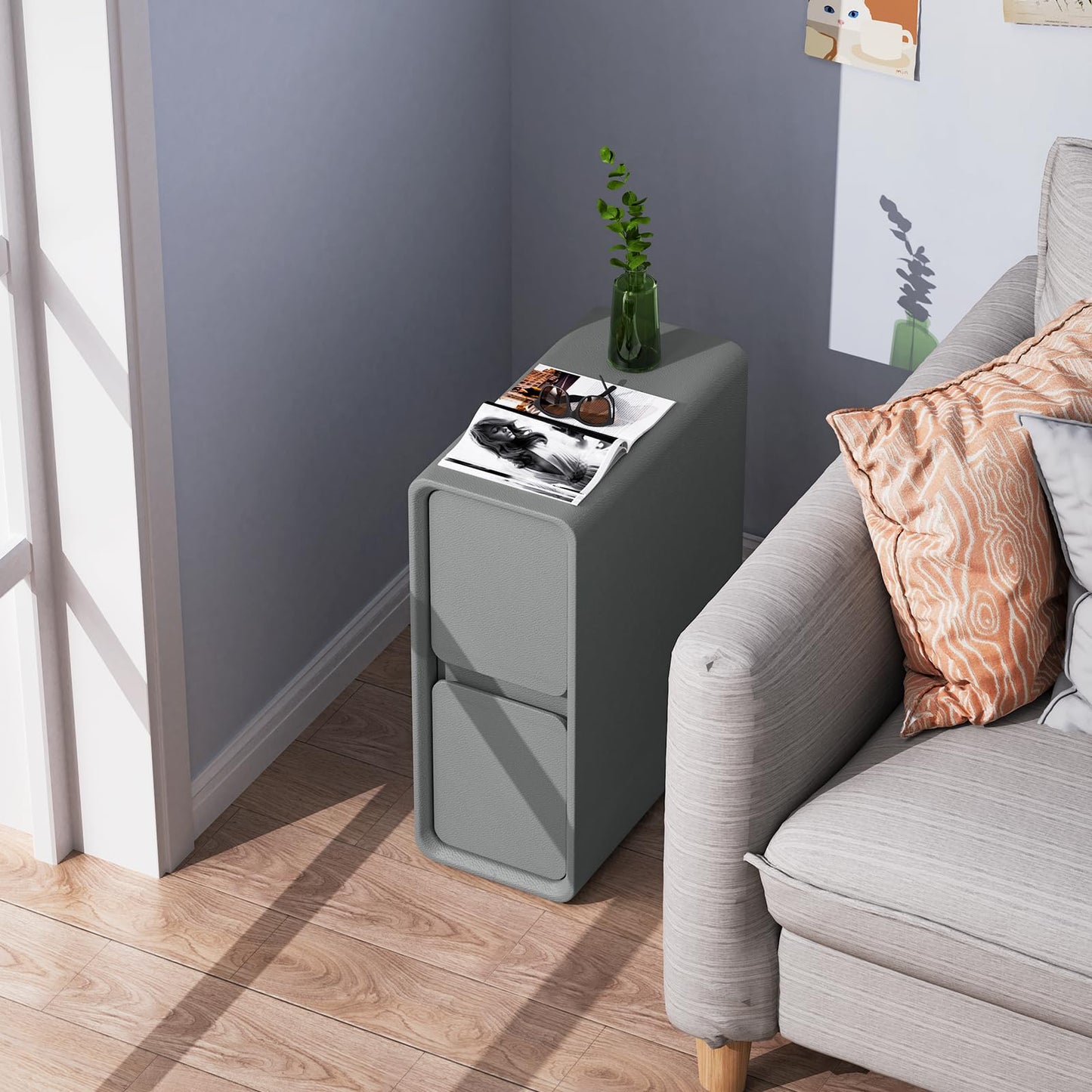 VICITON Modern Narrow Faux Leather Nightstand, Solid Wood Drawer, Storage Accent Table, Small Side End Table for Bedroom (Gray, Narrow)