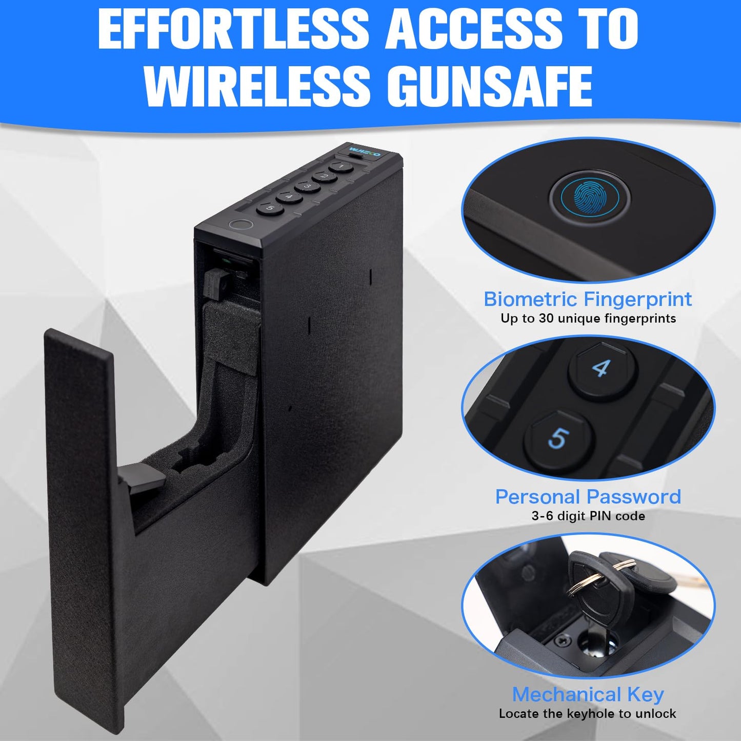 WJIECO Slider Biometric Pistol Safe 3 Ways Quick Access with Fingerprint/Keypad/Key Lock for Nightstand Bed Desk