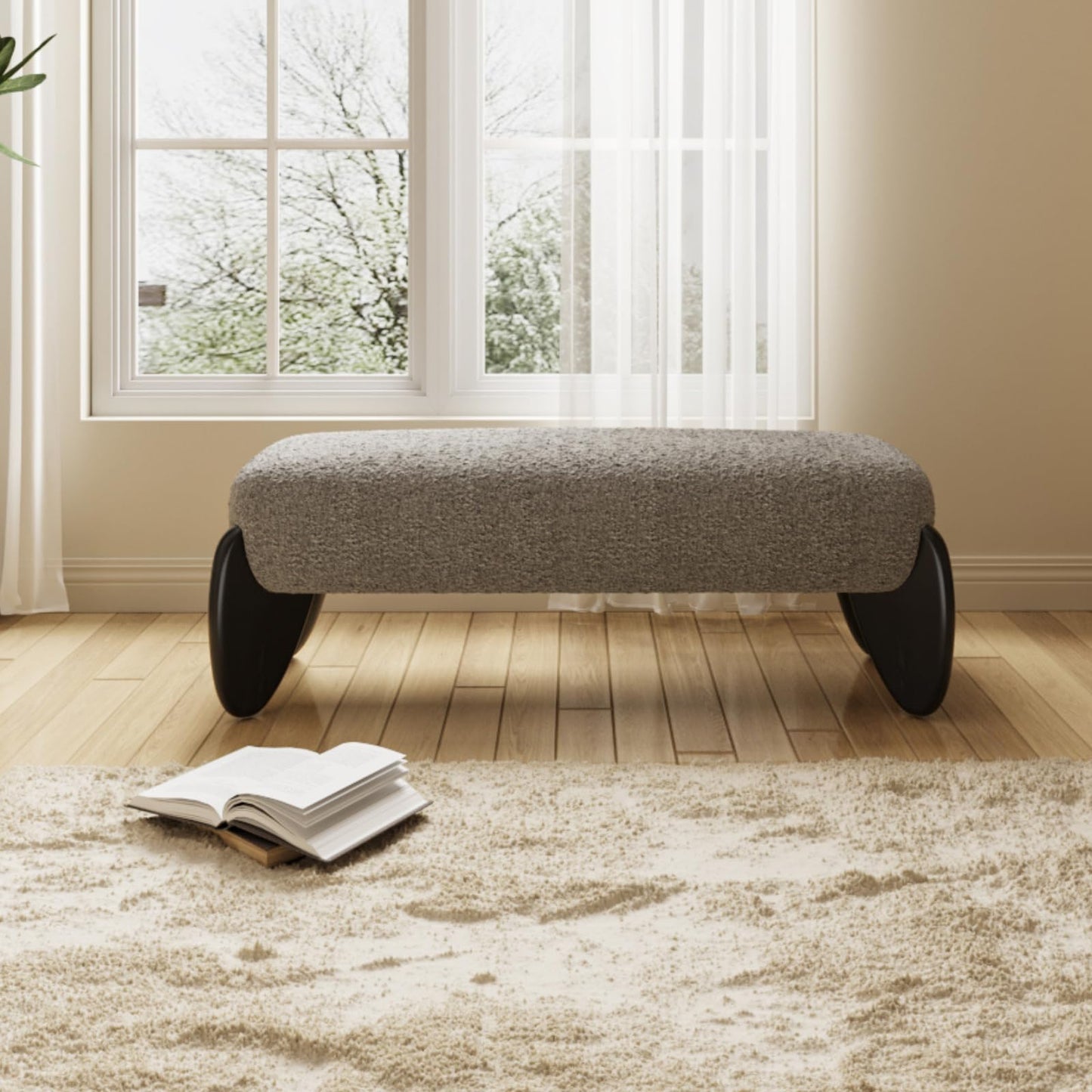 Ya-Home Modern Living Room Bench, Boucle Upholstered Bedroom Bench End of Bed, 50” Entryway Bench with Black Wooden Legs, Window Ottoman Bench for Bedroom/Hallway,Grey