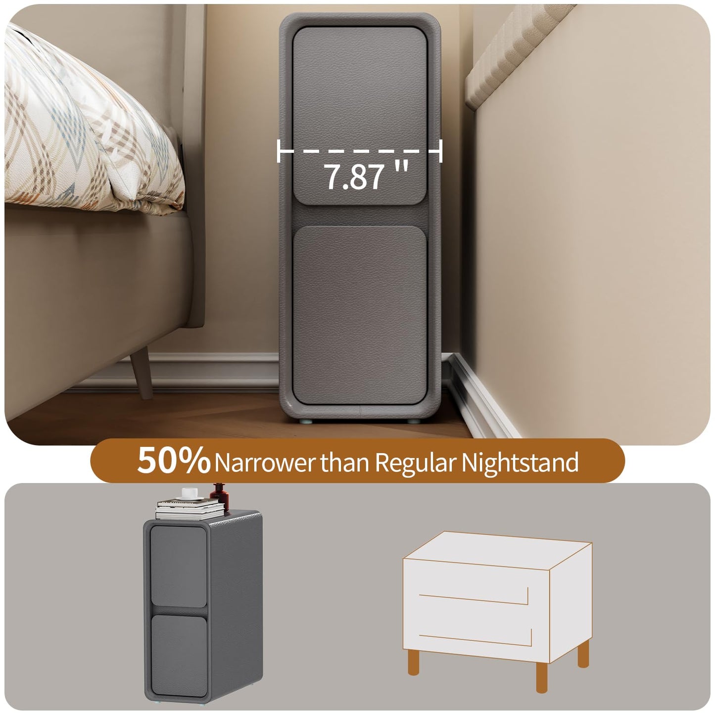 VICITON Modern Narrow Faux Leather Nightstand, Solid Wood Drawer, Storage Accent Table, Small Side End Table for Bedroom (Gray, Narrow)