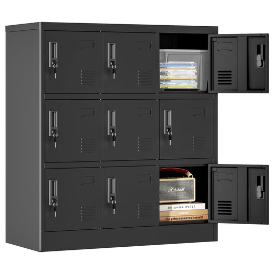 Yukimo 9 Door Metal Locker, Storage Lockers for Employees, Steel Storage Locker with Lock and Card Slot, Employee Lockers for Home, Office, School, Gym, Require Assembly(Black)