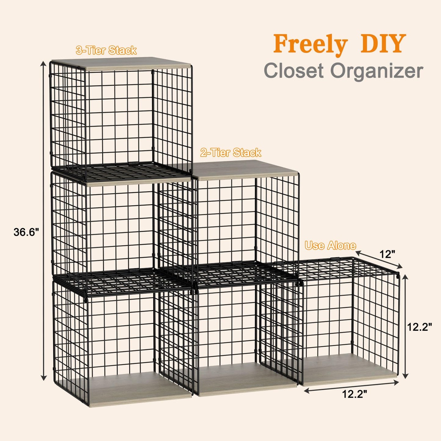 3PCS Stackable Closet Organizers and Storage, Shelves with Wood Top Extra Storage, Clothes Organizer Basket, Bin, or Tube for Wardrobe and Home Organization (Black-Sturdy Metal) Patent Pending