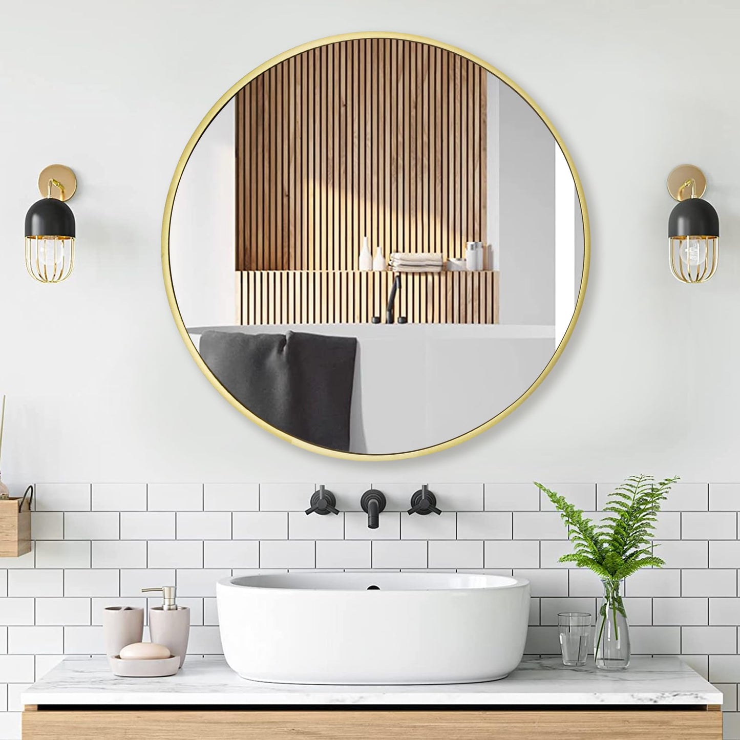 Umzodo Gold Round Mirror 30 inch, Matte Gold Bathroom Mirror for Vanity, Brushed Metal Framed Circular Wall Mirror for Living Room, Hallway, Entryway