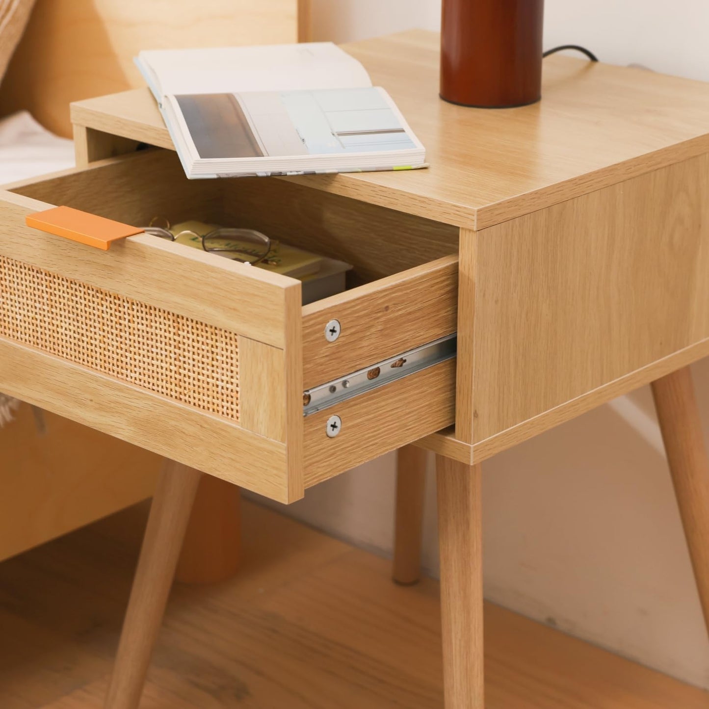 FUQARHY Rattan Nightstand Set of 2, Boho Side Table with Drawer, Mid Century Modern, End Table with Wood Legs for Bedroom, Dorm and Small Spaces