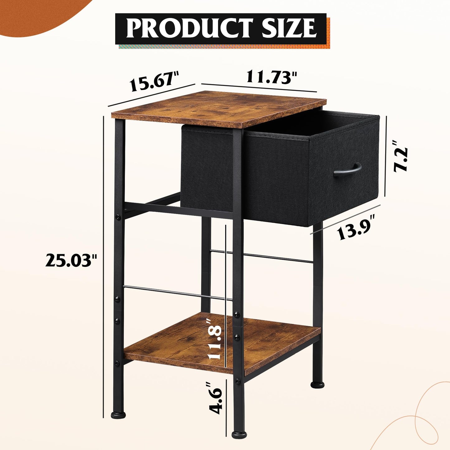 WLIVE Nightstand, End Table with Fabric Storage Drawer and Open Wood Shelf, Bedside Furniture with Steel Frame, Side Table for Bedroom, Dorm, Easy Assembly, Black and Rustic Brown, 25.0" Height