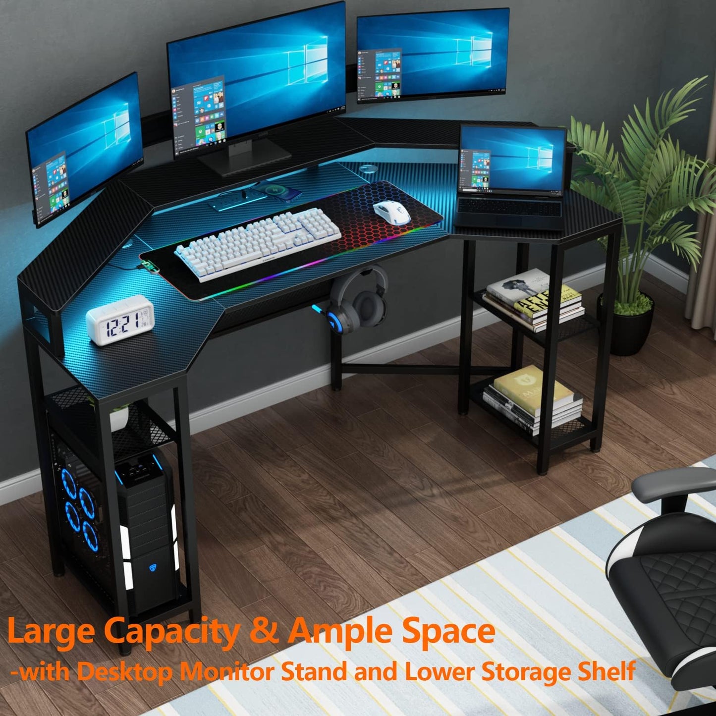 Gyfimoie Gaming Desk with Power Outlets & LED Lights, 63" Wing-Shaped Computer Desk with Full Monitor Stand,Wireless Charging,Shelves,RGB Mouse Pad, Studio Desk Corner Desk with Headphone Hook (Black)