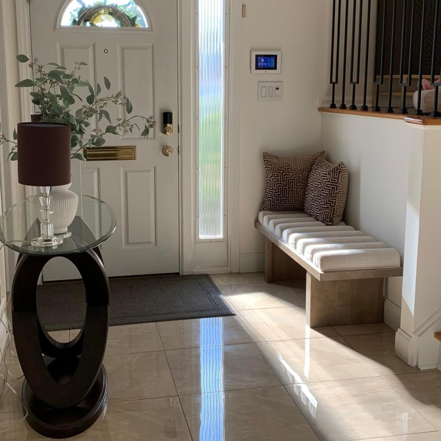 Ya-Home Modern Upholstered Entryway Bench, 47” Linen Fabric Bedroom End of Bed Bench with Cylindrical Cushion/Solid Wooden Base, Window Padded Benches for Living Room/Foyer/Hallway, Natural Leg