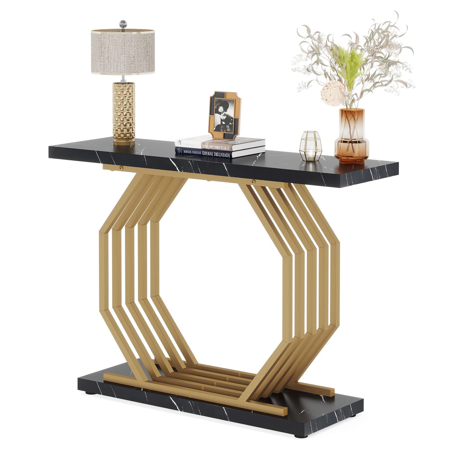 Tribesigns Gold Console Table, Faux Marble Entryway Table Narrow Sofa Table with Geometric Metal Base, 40 Inch Modern Accent Table Entrance Table for Living Room, Hallway, Foyer, Black