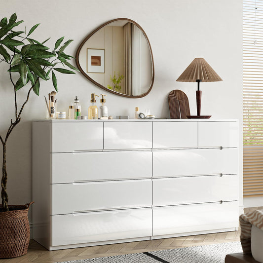 ZORPLIX 10 Drawer White Dresser for Bedroom, 55" Long Dresser Chest of Drawers,Large High Gloss Modern Storage Cabinet with Big Drawers Handle Free,Living Room, Entryway, Hallway