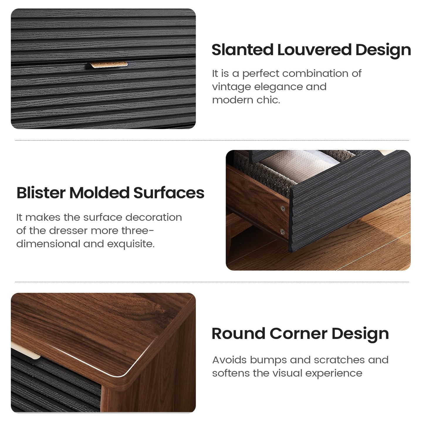 AOGLLATI Black Dresser for Bedroom with Slanted Louvre Design,Retro Chest of Drawers with Charging Station, Wooden Tall 5 Drawer Dresser for Bedroom,Living Room, Hallway, Black & Brown