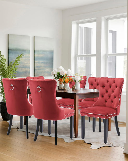 VICBARLEY Velvet Dining Chair Set of 6 Upholstered Tufted Dining Room Chair with Nailhead Trim and Solid Wood Legs for Kitchen, Restaurant,Wine Red