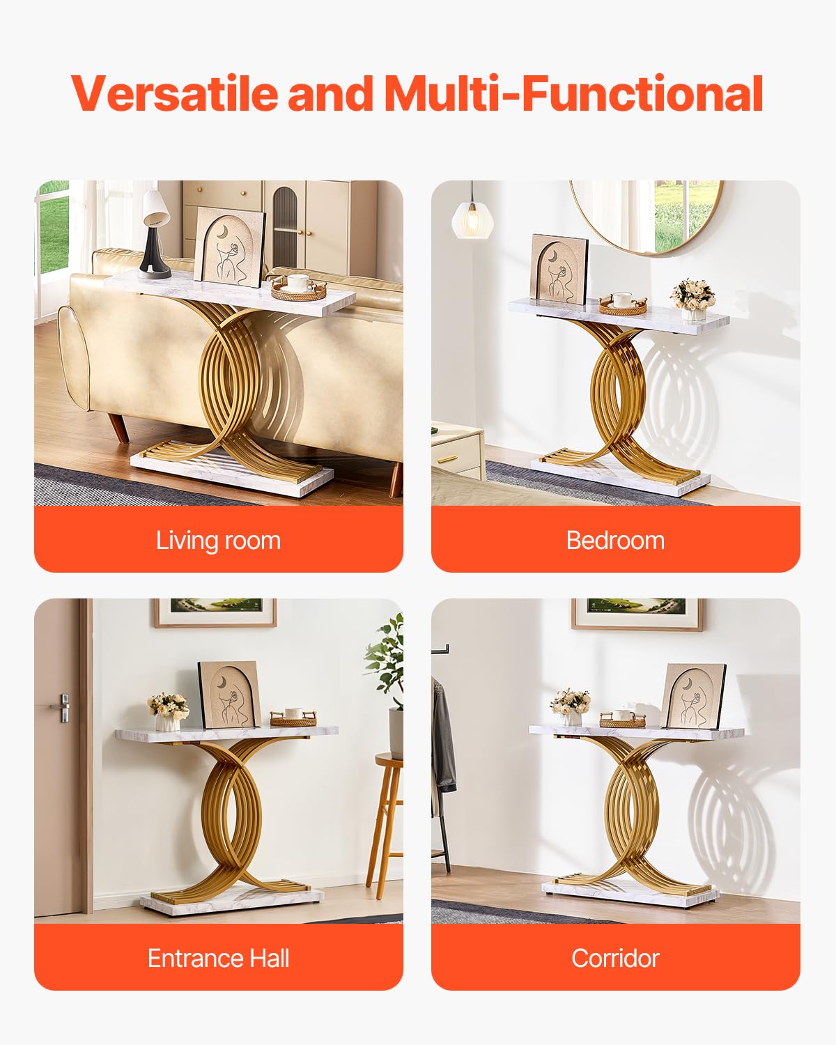 VEVOR Entryway Table, 39.4 Inch Gold Console Table, Narrow Console Table with Metal Frame, Modern Console Sofa Table for Living Room, Entryway, Hallway