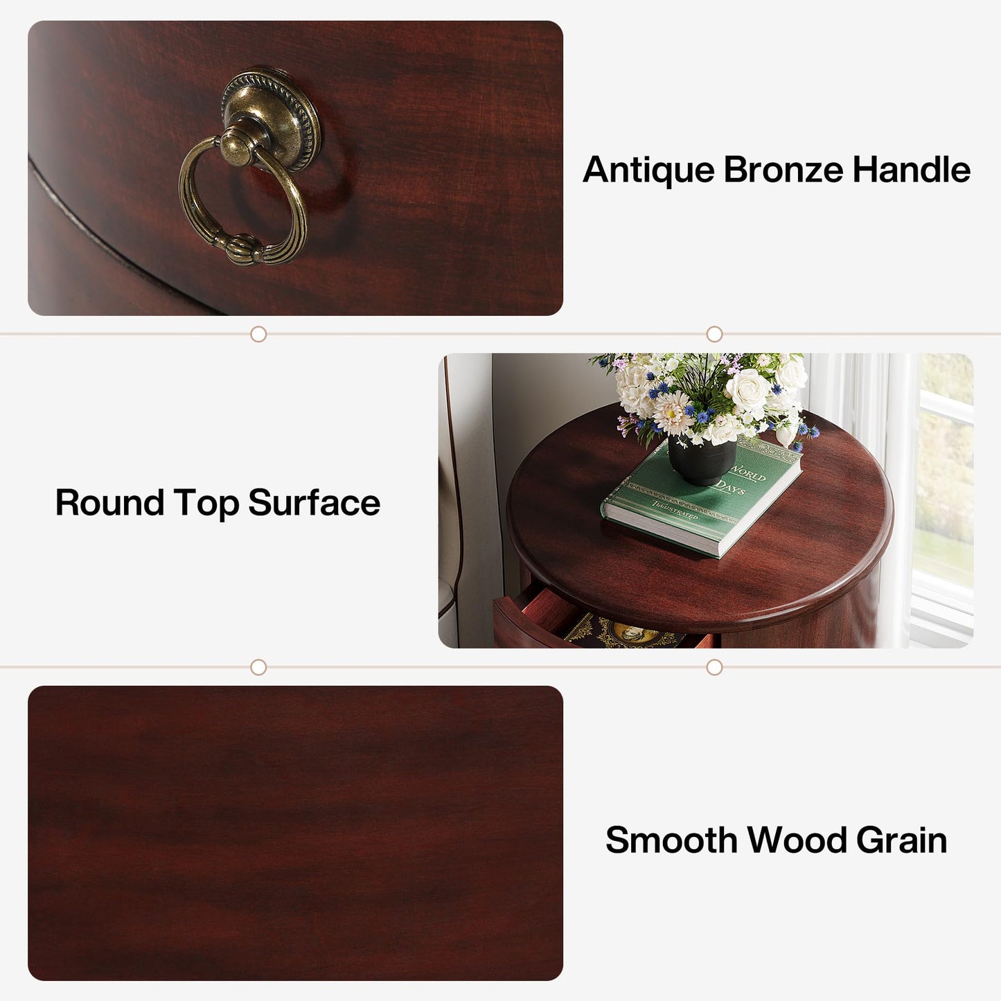 Tribesigns Solid Wood Nightstand, Round Night Stand with 4 Drawers, Rustic Bedside Table Tall Nightstand for Bedroom, Living Room, No Assembly Required (1)