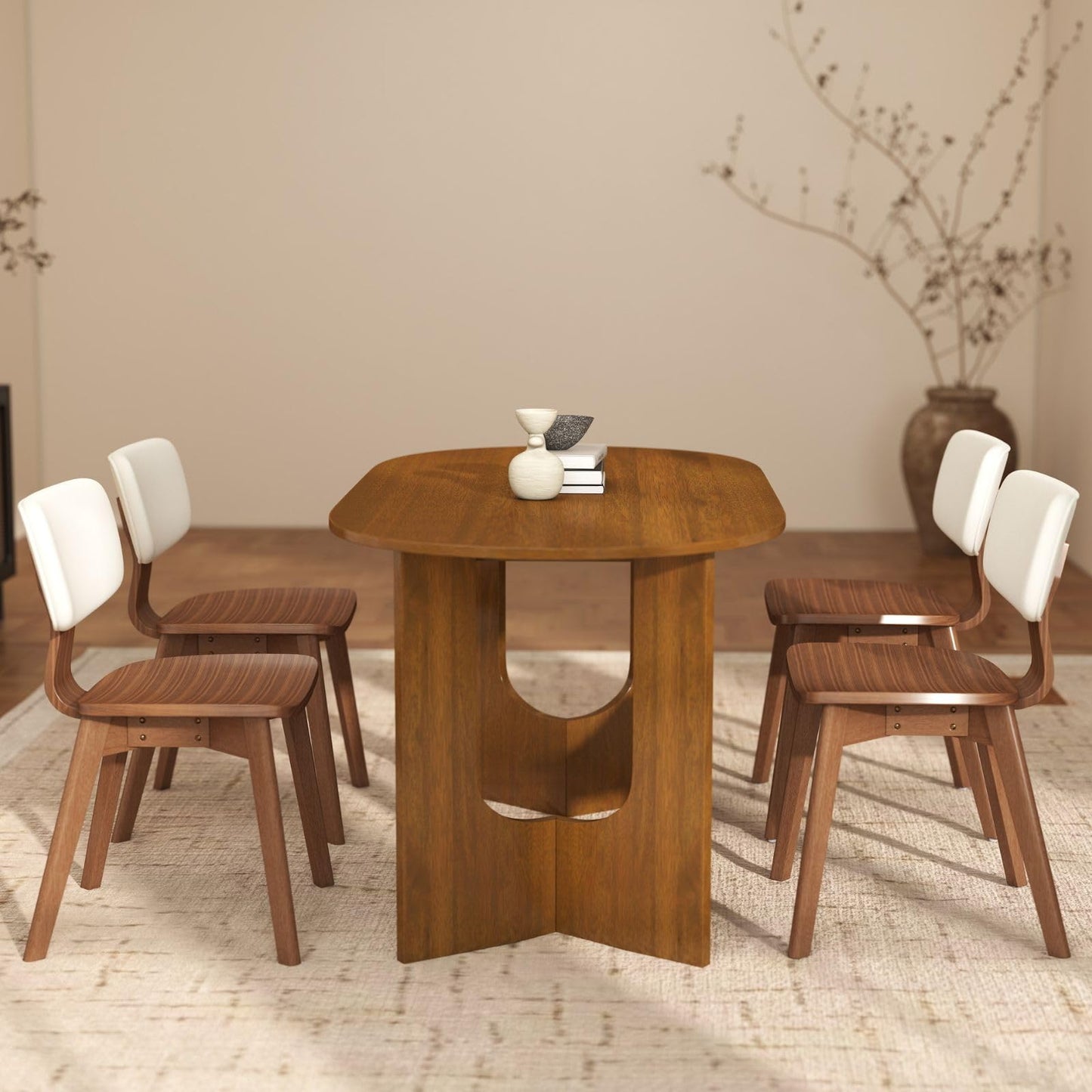 VESCASA Oval 63" L Dining Table with 47.25" L Bench, Walnut Wood Kitchen Table Set for Dining Room, Restaurant, 1 Table with 1 Bench