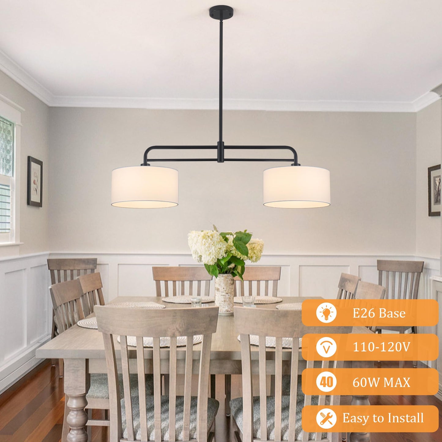 40" Linear Pendant Light for Kitchen Island,2-Light White Linen Drum Light Fixtures with Black Metal Linear Light Fixture for Dining Room Farmhouse Chandelier over Table,Bar Living Room,E26