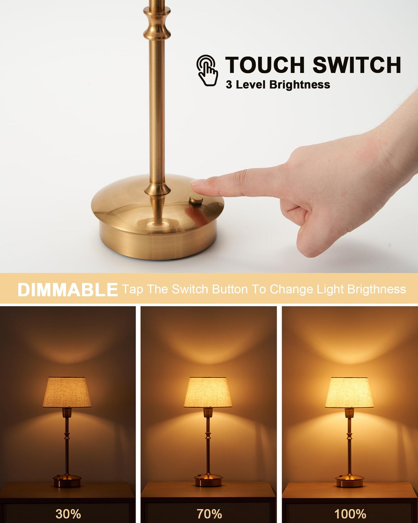 UMEXUS Cordless Lamp Rechargeable Table Lamps, 5000mAh Battery Operated Lights, 3 Level Brightness Dimmable, Portable Night Bedside Light for Patio, Restaurant, Dining, Fabric Shade, Antique Brass