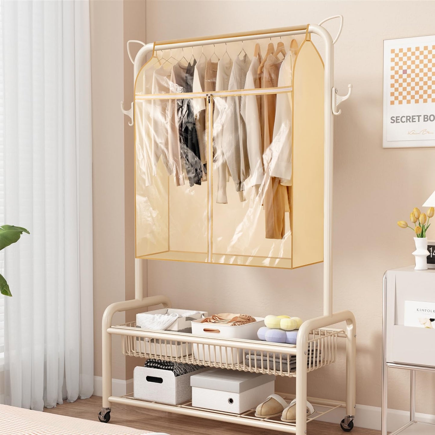 TEMUORG Garment Bags for Hanging Clothes Storage Closet Garment Rack Cover Dust Proof Coat Protector for Suits Jackets with Large Clear Window (Beige)