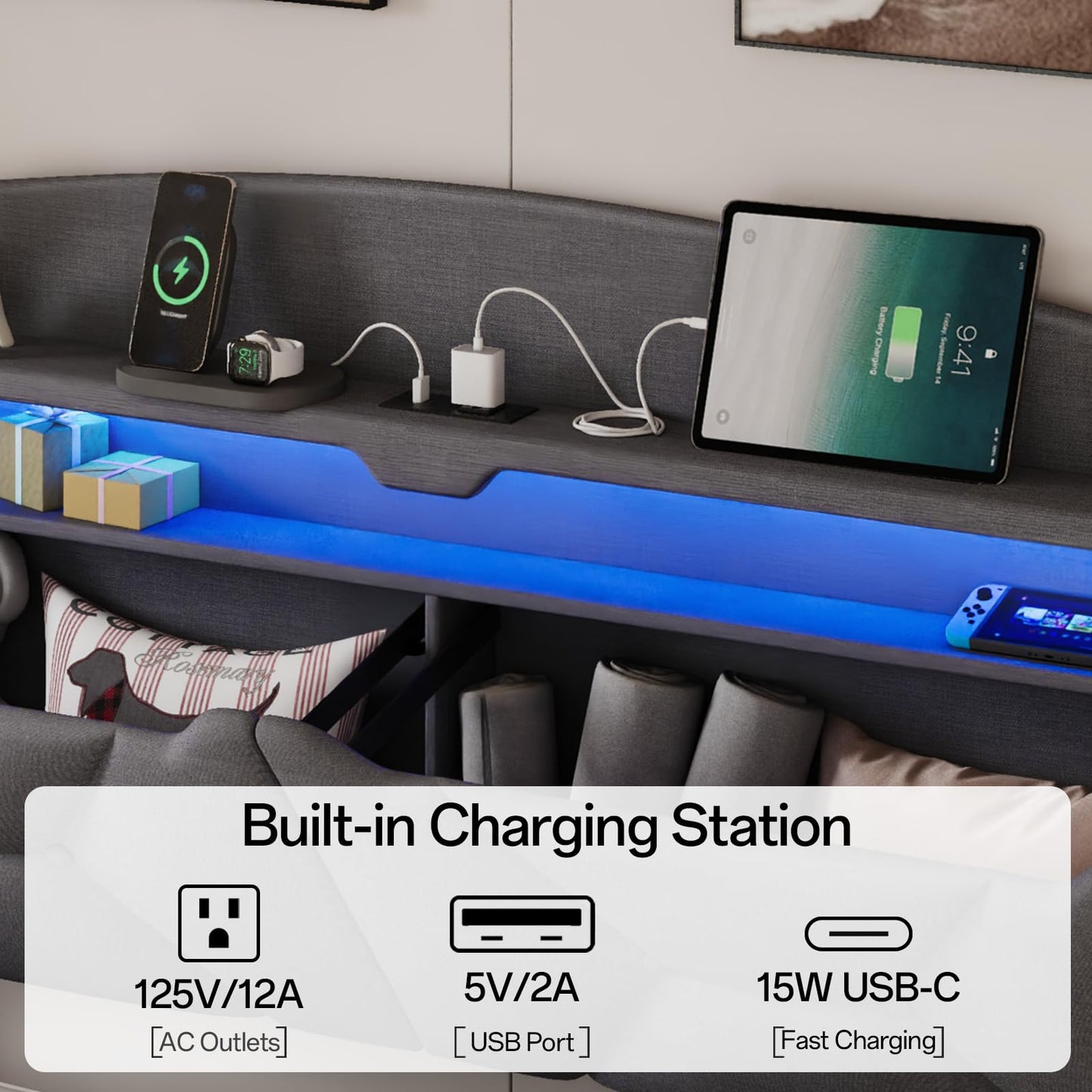 VINTLJUS Queen Size Bed Frame, Queen Bed Frame with Storage Drawers, Upholstered Bed Queen Size with Charging Station and LED Lights, Easy Assembly, Grey