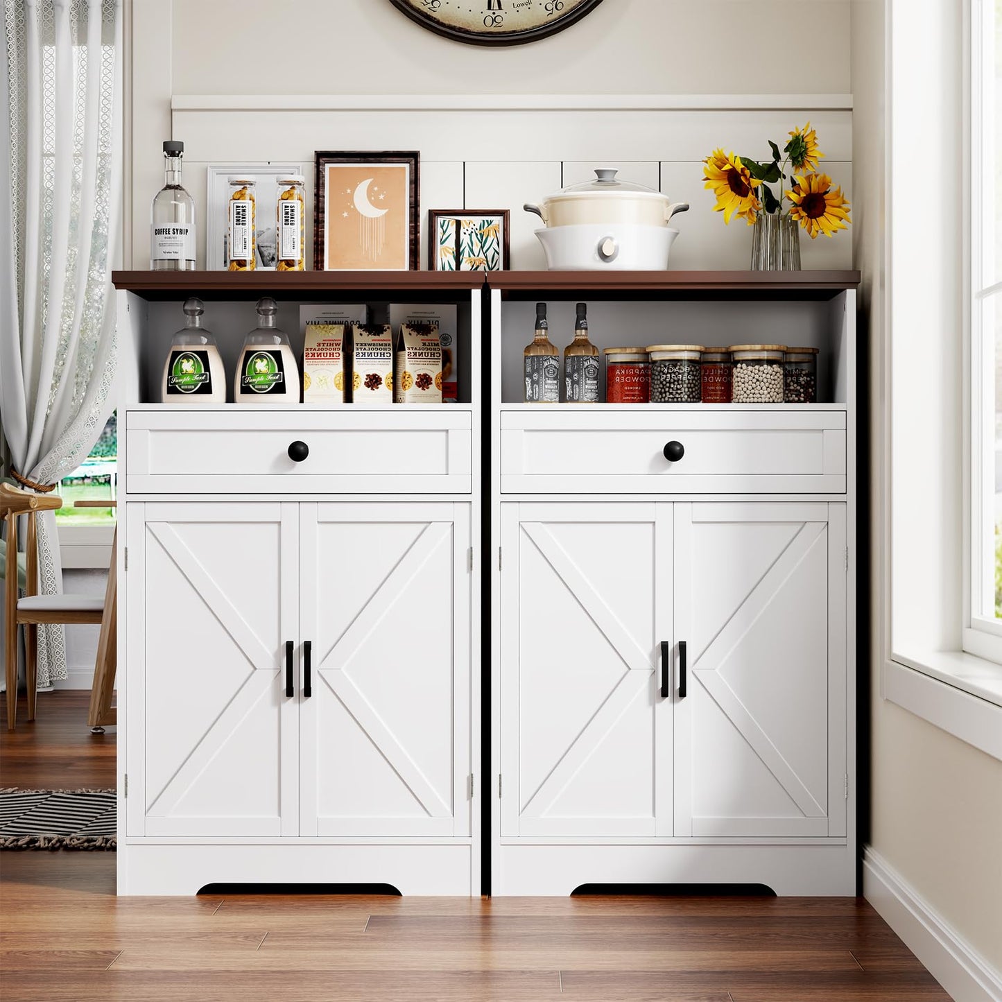 Viroformo White Floor Cabinet, Farmhouse Storage Cabinet with Barn Doors and Drawer, Freestanding Adjustable Shelf Cabinets for Bathroom, Kitchen, Living Room