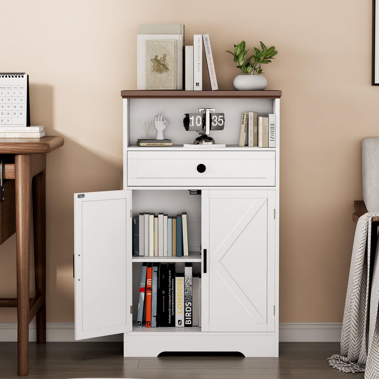 Viroformo White Floor Cabinet, Farmhouse Storage Cabinet with Barn Doors and Drawer, Freestanding Adjustable Shelf Cabinets for Bathroom, Kitchen, Living Room