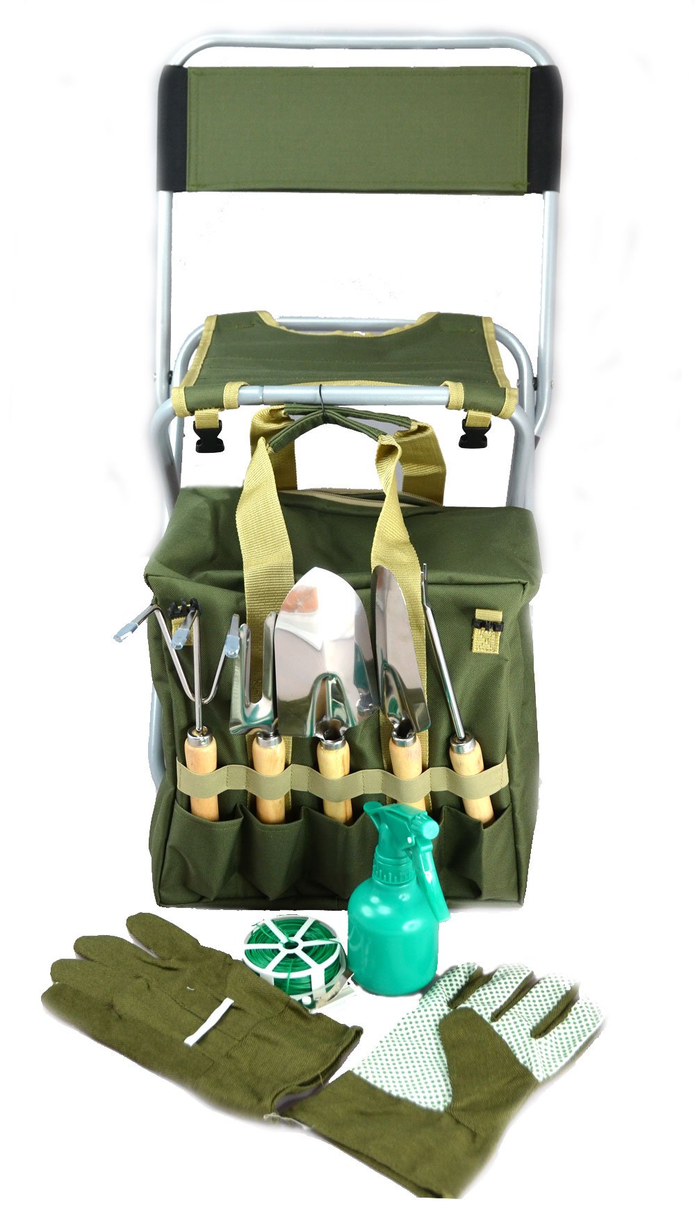 10-Piece Gardening Tool Set with Zippered Detachable Tote and Folding Stool Seat with Backrest