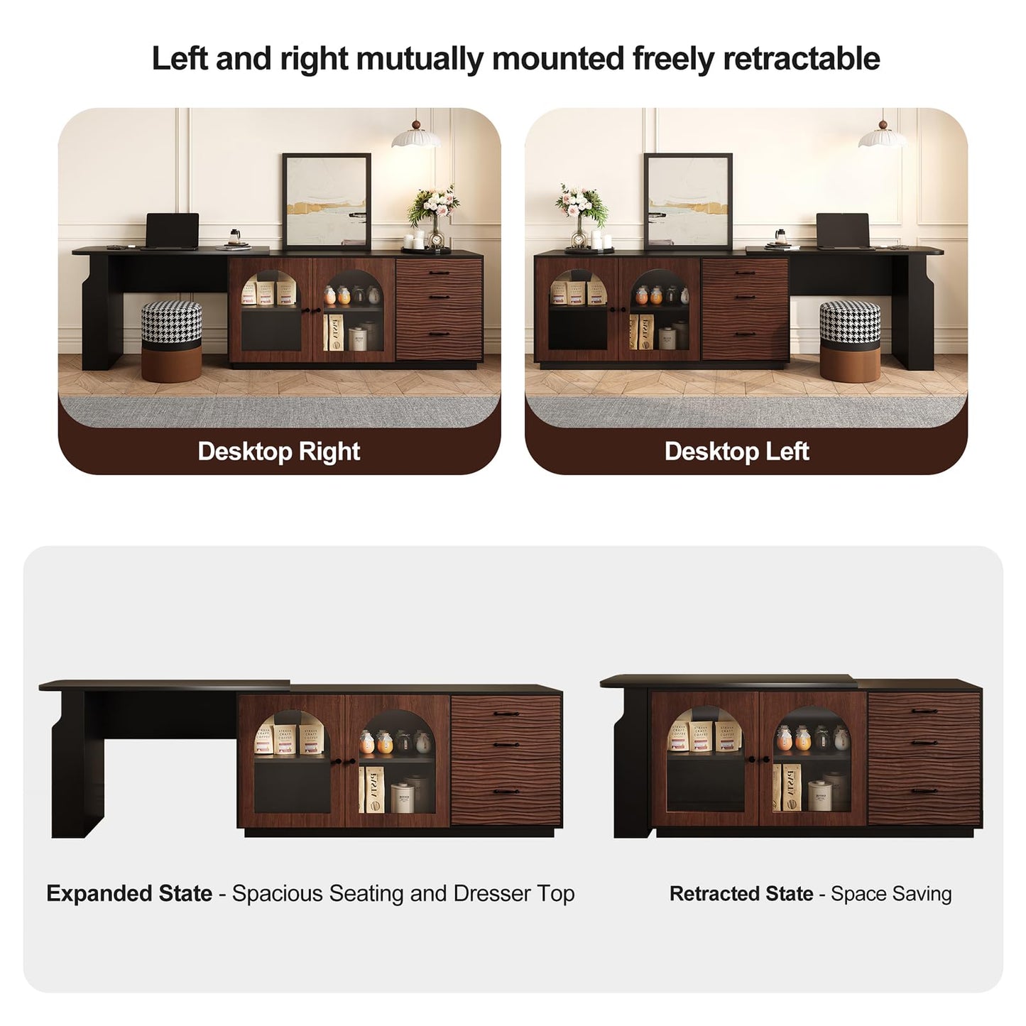 Trroec Adjustable L-Shaped Corner Table with 3 Drawers and 2 Glass Cabinet Doors Length 65.75"-94.48" Expandable Wooden Vanity and Desk Combo Side Storage for Bedroom Dressing Room Study