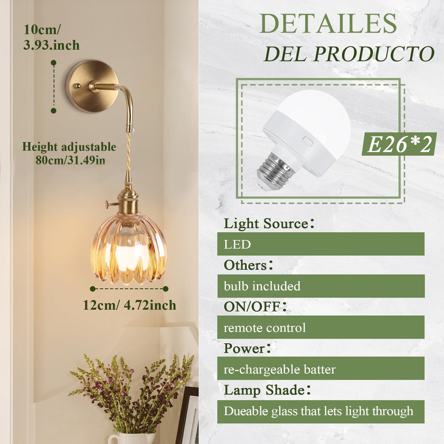 Vintage Battery Operated Wall Sconces Sets Of Two,Indoor not Hardwired Amber Tulip Glass Lampshade Fixtures,Rechargeable Wireless RGB Wall Lights with Dimmable Remote Control,for Bedroom Living Room